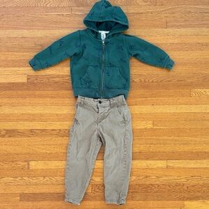 2T Green Dinosaur Hoodie and Tan Pants Set
